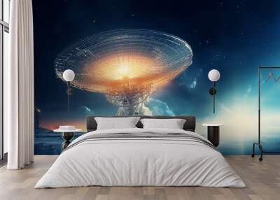 A large, glowing satellite is floating in space above a blue Wall mural