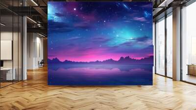 A magical night on the beach overlooking space in neon color ,spring concept Wall mural