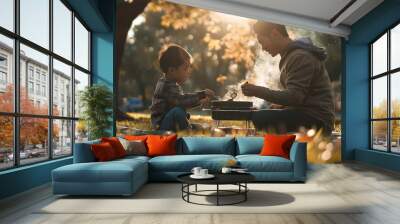 A man and a boy are sitting on the grass, cooking food on a grill Wall mural