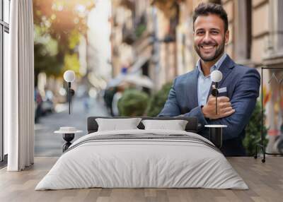 A man in a brown jacket is giving a thumbs up Wall mural