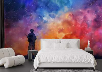 A man in a military uniform stands in front of a colorful sky with stars Wall mural