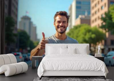 A man in a suit smiles and gives a thumbs up on a sunny day in a bustling city street with urban buildings and cars Wall mural