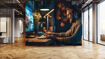 A man is sitting in front of two computer monitors, smiling and looking happy Wall mural