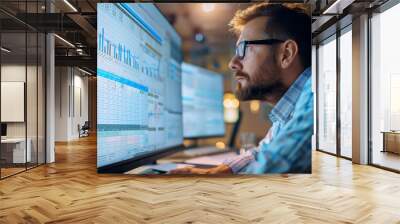 A man is sitting in front of two computer monitors Wall mural