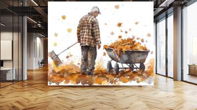 A man is sweeping leaves into a wheelbarrow Wall mural