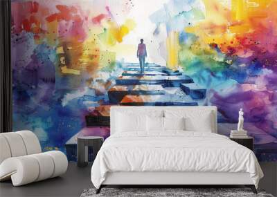 A man is walking down a path with colorful steps Wall mural