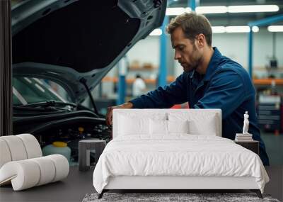 A man is working on a car engine Wall mural