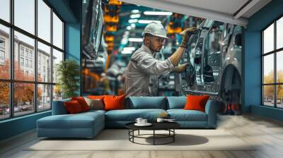 A man is working on a machine in a factory Wall mural