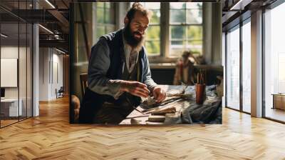 A man with a beard and a red hat sits in front of a pile of paintbrushes Wall mural