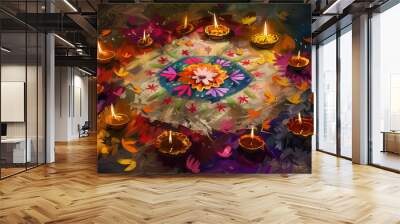 A painting of a colorful flower with a circle of candles in the center Wall mural