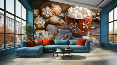 A painting of a cup of hot chocolate with marshmallows and cookies on a table Wall mural