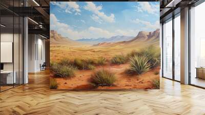 A painting of a desert landscape with a mountain in the background Wall mural