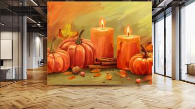 A painting of a table with candles and pumpkins on it Wall mural