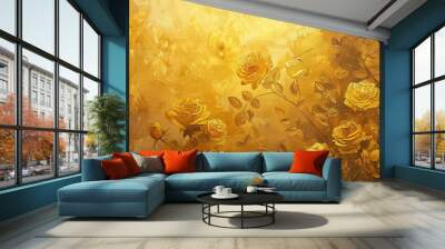 A painting of a yellow background with blue flowers and leaves Wall mural