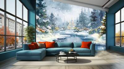 A painting of two trees with snow on them and lights on them Wall mural