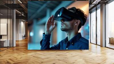 A person experiences virtual reality in a modern office during twilight, fully immersed in a digital world as city lights begin to glow Wall mural