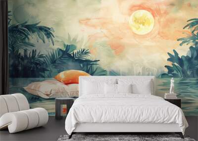 A pillow is floating on a bed of water in front of a moon Wall mural