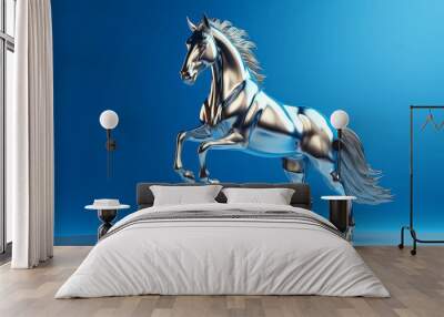 A silver horse is running on a blue background Wall mural