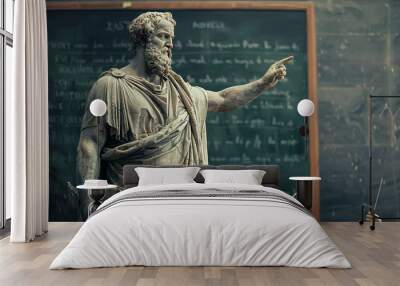 A statue of a man holding a book and pointing to a chalkboard with writing on it Wall mural