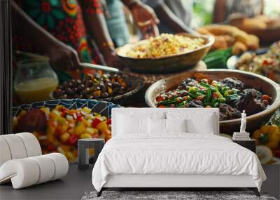 A table full of food with a variety of dishes including broccoli, rice, and meat Wall mural