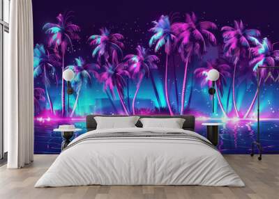 A tropical scene with neon lights and palm trees Wall mural