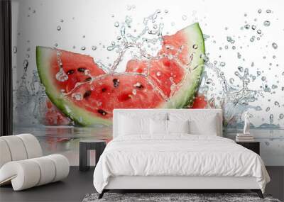 A watermelon is sliced and floating in a pool of water Wall mural