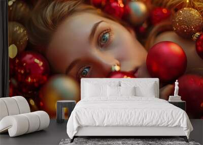 A woman is laying in a pile of red and gold Christmas ornaments Wall mural