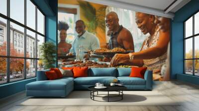 A woman is serving food to a group of people in a kitchen Wall mural