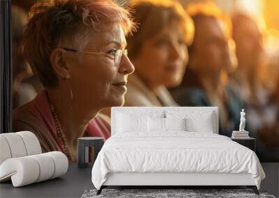 A woman with glasses is sitting in a crowd of people Wall mural