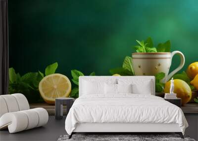 A wooden table with a cup of tea and a lemon on it Wall mural