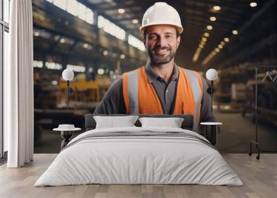 A worker in special clothes at a factory in a helmet against the background of production Wall mural