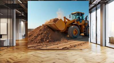 A yellow and black construction vehicle is driving over a pile of dirt Wall mural