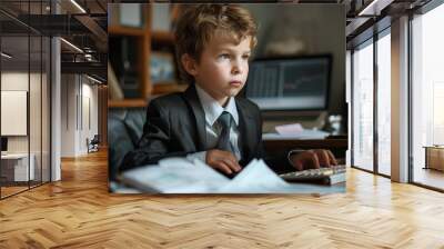 A young boy in a suit and tie is sitting at a computer Wall mural