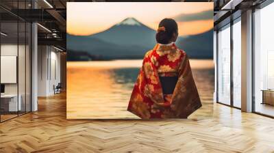 Asian woman in traditional Japanese kimono on Mount Fuji. AI Wall mural