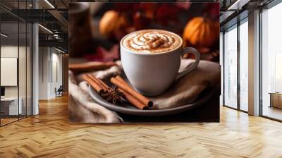 Autumn sweet hot drink with cinnamon and various spices, AI Wall mural