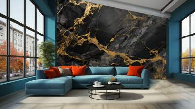 black marble texture background with cracked gold details Wall mural