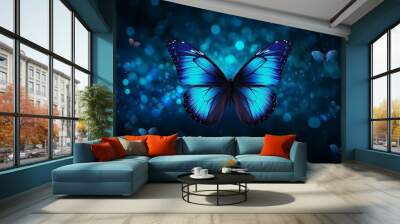 Blue butterfly glowing shining on black background Wall mural