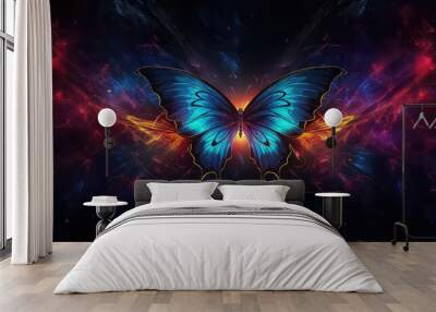 Butterfly on black background in neon color ,spring concept Wall mural