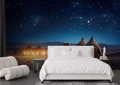 Camel at night in desert with stars, ramadan concept Wall mural