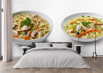 Chicken noodle soup in a bowl, on white background Wall mural