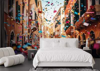 Cityscape with crowd of celebrating people ,concept carnival Wall mural