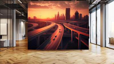 cityscape with trail and road with modern city sunset background Wall mural