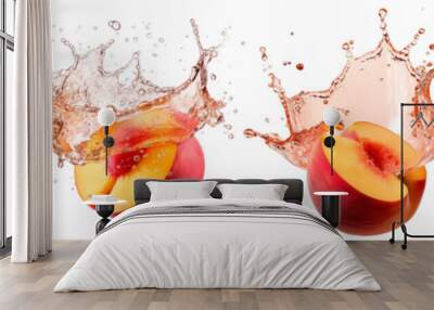 Collection of peaches with splashing water on white background Wall mural