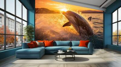 Dolphin over the water on the background of the blue ocean looks at you. Wall mural