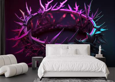 Dramatic illustration of crown in neon color with Jesus . AI Wall mural