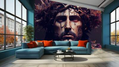 Dramatic illustration of crown in neon color with Jesus . AI Wall mural