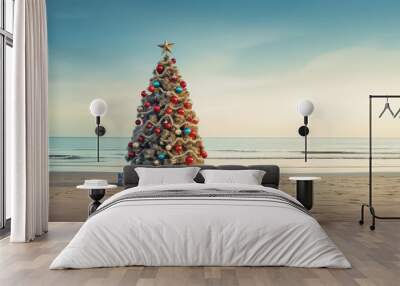 Festively decorated Christmas tree on the beach on New Year's Eve or Christmas Wall mural