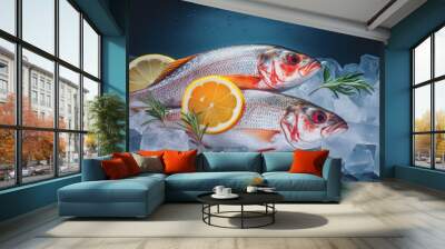 Fresh sea fish caught on ice with lemons Wall mural