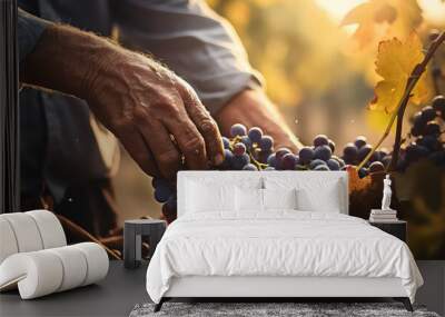 Hand farmer holdind ripe grapes in the vineyard field at sunset Wall mural