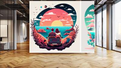 horizontal set of cartoon couple in love at wedding honeymood travel on car . Cartoons style flat vector illustration Wall mural